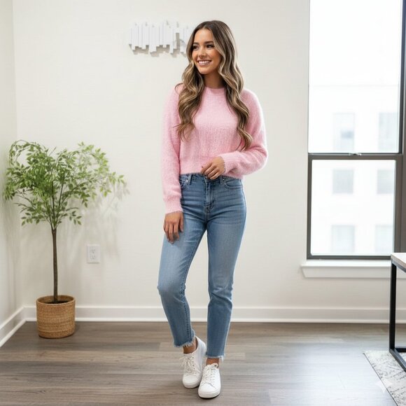 J.ING Jing Pink Fuzzy Fluffy Crop Pullover Sweater One Size NWT - Picture 1 of 5